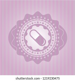pill icon inside retro style pink emblem