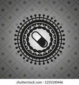 pill icon inside retro style black emblem