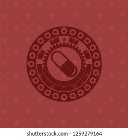 pill icon inside retro style red emblem
