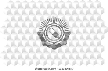 pill icon inside retro style grey emblem with geometric cube white background