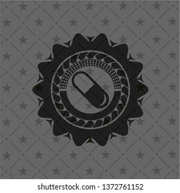 pill icon inside retro style black emblem
