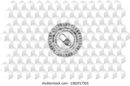 pill icon inside retro style grey emblem with geometric cube white background