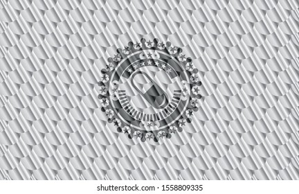 pill icon inside shiny silver emblem. Scales pattern. Vector Illustration. Detailed.