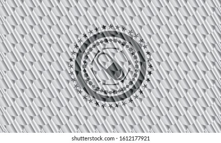 pill icon inside shiny silver emblem. Scales pattern. Vector Illustration. Detailed.