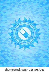 pill icon inside sky blue emblem with mosaic ecological style background