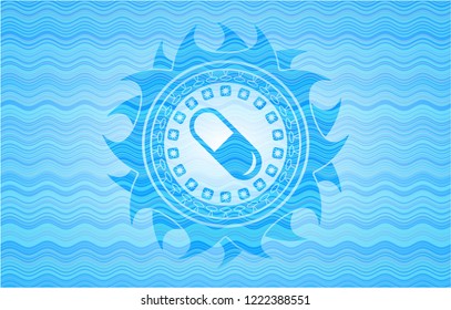pill icon inside sky blue water badge background.