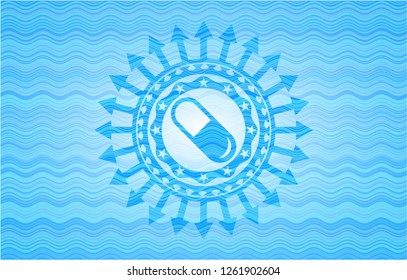 pill icon inside sky blue water wave style emblem.