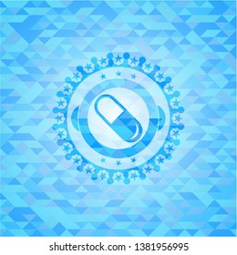 pill icon inside sky blue emblem. Mosaic background