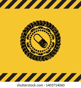 pill icon inside warning sign, black grunge emblem. Vector Illustration. Detailed.