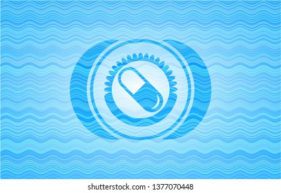 pill icon inside water wave badge.
