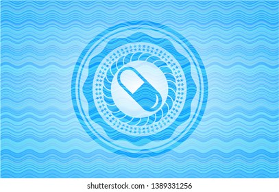 pill icon inside water wave badge.