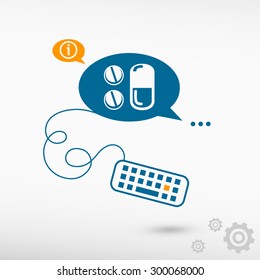 Pill icon and keyboard on chat speech bubbles. Line icons for application and creative process
