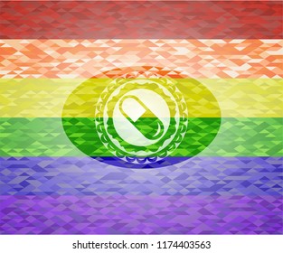 pill icon on mosaic background with the colors of the LGBT flag