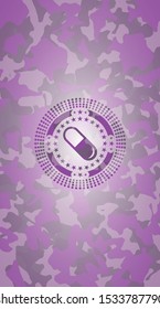 pill icon on pink and purple camouflaged texture