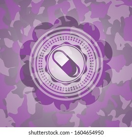 pill icon on pink and purple camouflage texture