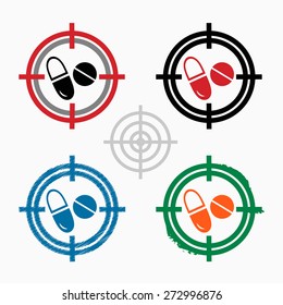Pill icon on target icons background. Cross hair icon. Vector illustration
