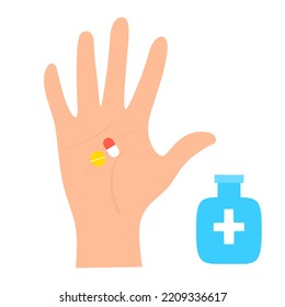 Pill icon in palm and blue medicine bottle. Two kinds of medicine capsules in human palm. Great for medical, medicine and hospital health posters. Isolated on a white background. Vector illustration