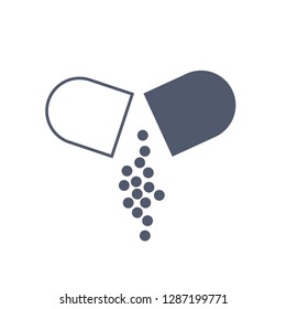 Pill Icon with powder out in trendy flat style. Pill Icon page symbol for your web site design, medical presentations and reports. Vector illustration isolated on white background.