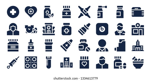 pill icon set. 32 filled pill icons. on blue background style Collection Of - Hospital, Pharmacist, Medicine, Vaccine, Health, Pills, Vial, Drugs, Ointment, Calcium, Nasal spray