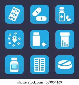 pill icon. Set of 9 pill filled icons such as pill, medicine, medical pills, medicine bottle, virus and pills