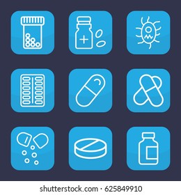 Pill icon. set of 9 outline pill icons such as pill, medical bottle, medicine bottle, virus and pills