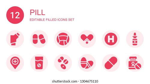 pill icon set. Collection of 12 filled pill icons included Inhalator, Pills, Medicine, Hospital, Drugs, Pill, Nasal spray