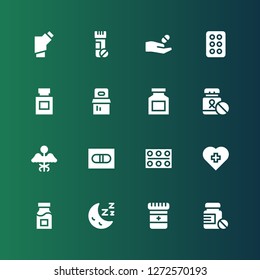 pill icon set. Collection of 16 filled pill icons included Pills, Medicine, Sleep, Hospital, Pill, Drug, Vitamins, Inhalator