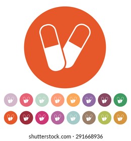 The pill icon. Tablet and antibiotic, vitamins symbol. Flat Vector illustration. Button Set