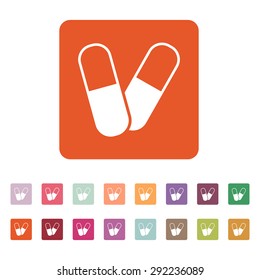 The pill icon. Tablet and antibiotic, vitamins symbol. Flat Vector illustration. Button Set