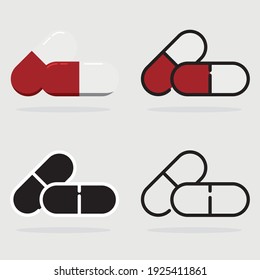 Pill Icon Vectordesign Set in Umriss, dünner Linie, gefüllt und flach Stil