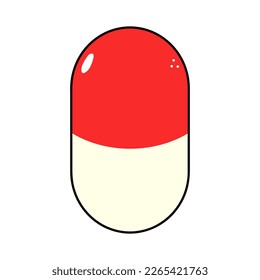 Icono de píldora. Dibujo manual de vectores tradicional de caricatura vintage, retro kawaii icono de ilustración de personaje. Fondo blanco aislado. Concepto de carácter de píldora