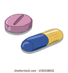 Pill icon. Vector illustration of medical pills and tablets. Hand drawn medicinal pills and tablets.