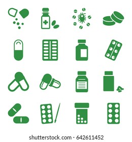Pill icons set. set of 16 pill filled icons such as paints, tablet, pill, medical bottle, medicine, medical pills, medicine bottle, virus and pills