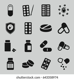 Pill icons set. set of 16 pill filled icons such as paints, tablet, pill, medical bottle, medicine, medical pills, health insurance
