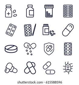 Pill icons set. set of 16 pill outline icons such as paints, pill, medical bottle, medicine, medical pills, medicine bottle, health insurance, virus and pills