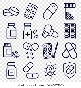 Pill icons set. set of 16 pill outline icons such as paints, tablet, pill, medical bottle, medicine, medical pills, medicine bottle, health insurance, virus and pills
