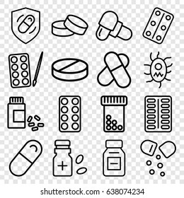 Pill icons set. set of 16 pill outline icons such as paints, tablet, pill, medicine, medical pills, medicine bottle, health insurance, virus and pills