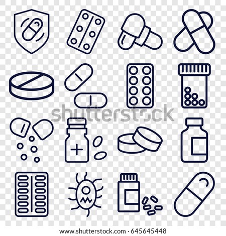 Pill icons set. set of 16 pill outline icons such as tablet, pill, medical bottle, medicine, medical pills, medicine bottle, health insurance, virus and pills