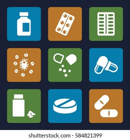 pill icons set. Set of 9 pill filled icons such as pill, medical bottle, medicine, medical pills