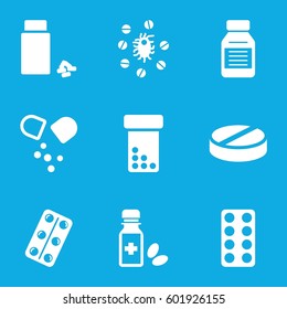 pill icons set. Set of 9 pill filled icons such as pill, medicine, medical pills, medicine bottle, virus and pills