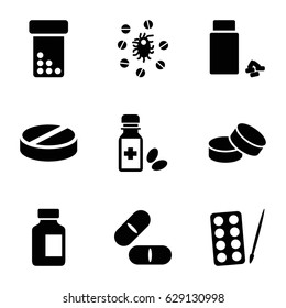 Pill icons set. set of 9 pill filled icons such as paints, tablet, pill, medical bottle, medicine, medicine bottle, virus and pills