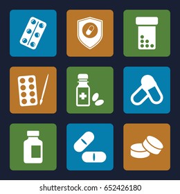 Pill icons set. set of 9 pill filled icons such as paints, tablet, pill, medical bottle, medical pills, medicine bottle, health insurance
