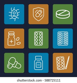pill icons set. Set of 9 pill outline icons such as paints, pill, medicine bottle, medicine, health insurance