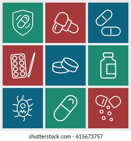 Pill icons set. set of 9 pill outline icons such as paints, tablet, pill, medical bottle, health insurance