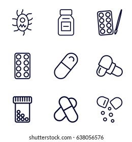 Pill icons set. set of 9 pill outline icons such as paints, pill, medicine, virus and pills