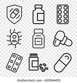 Pill icons set. set of 9 pill outline icons such as pill, medical bottle, medicine, medical pills, health insurance