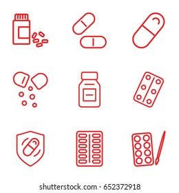 Pill icons set. set of 9 pill outline icons such as paints, pill, medicine, medical pills