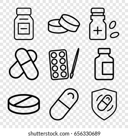 Iconos de píldoras establecidos. Conjunto de 9 iconos de la trama de la píldora como pinturas, comprimidos, píldora, frasco médico, frasco de medicina, medicamento