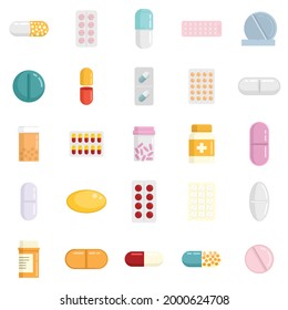 Pill icons set. Flat set of pill vector icons isolated on white background