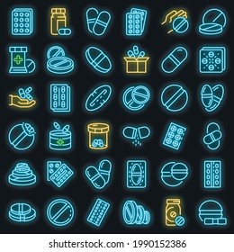 Pill icons set. Outline set of pill vector icons neon color on black